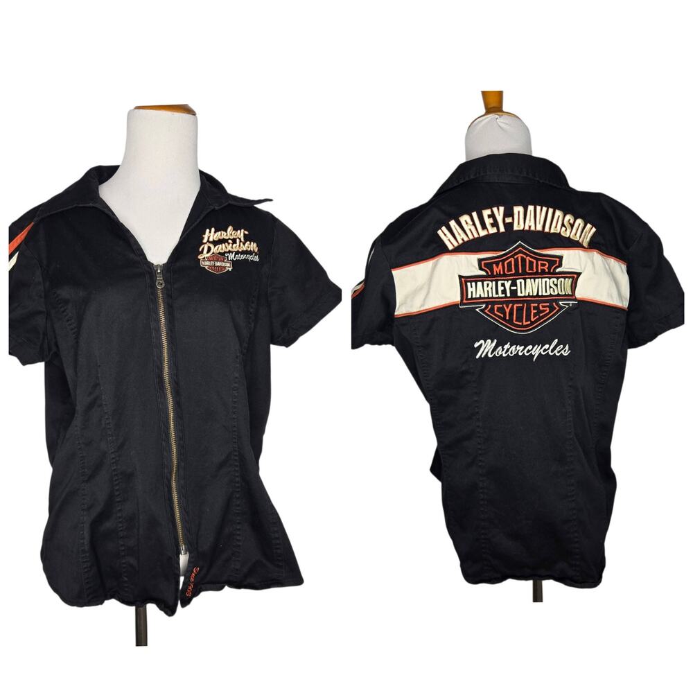 Harley Davidson Womens Garage Top Large Zip Up Embroidered Black Biker Logo